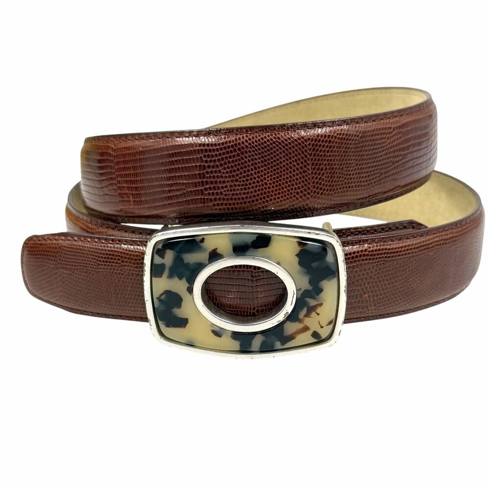 VTG 90s Terry Stack Brown Lizard Faux Leather Faux Tortoise Buckle Belt Size M